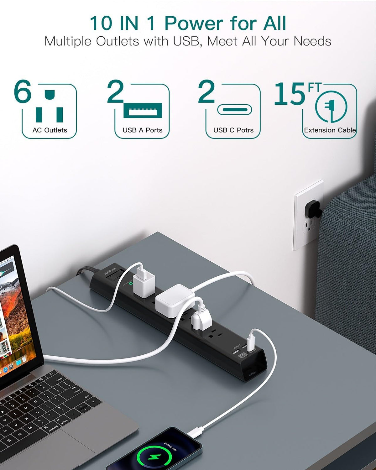 Addtam 15ft extension cord with four USB ports for fast charging.