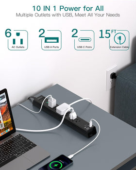Addtam 15ft extension cord with four USB ports for fast charging.