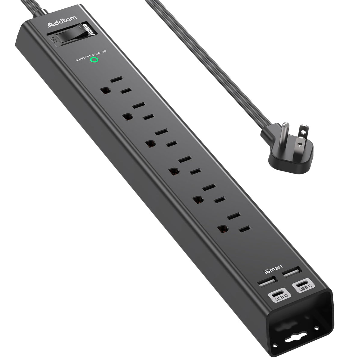 Addtam 15ft extension cord with six AC outlets for multiple devices.