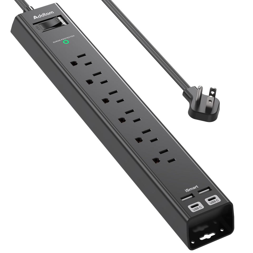 Addtam 15ft extension cord with six AC outlets for multiple devices.