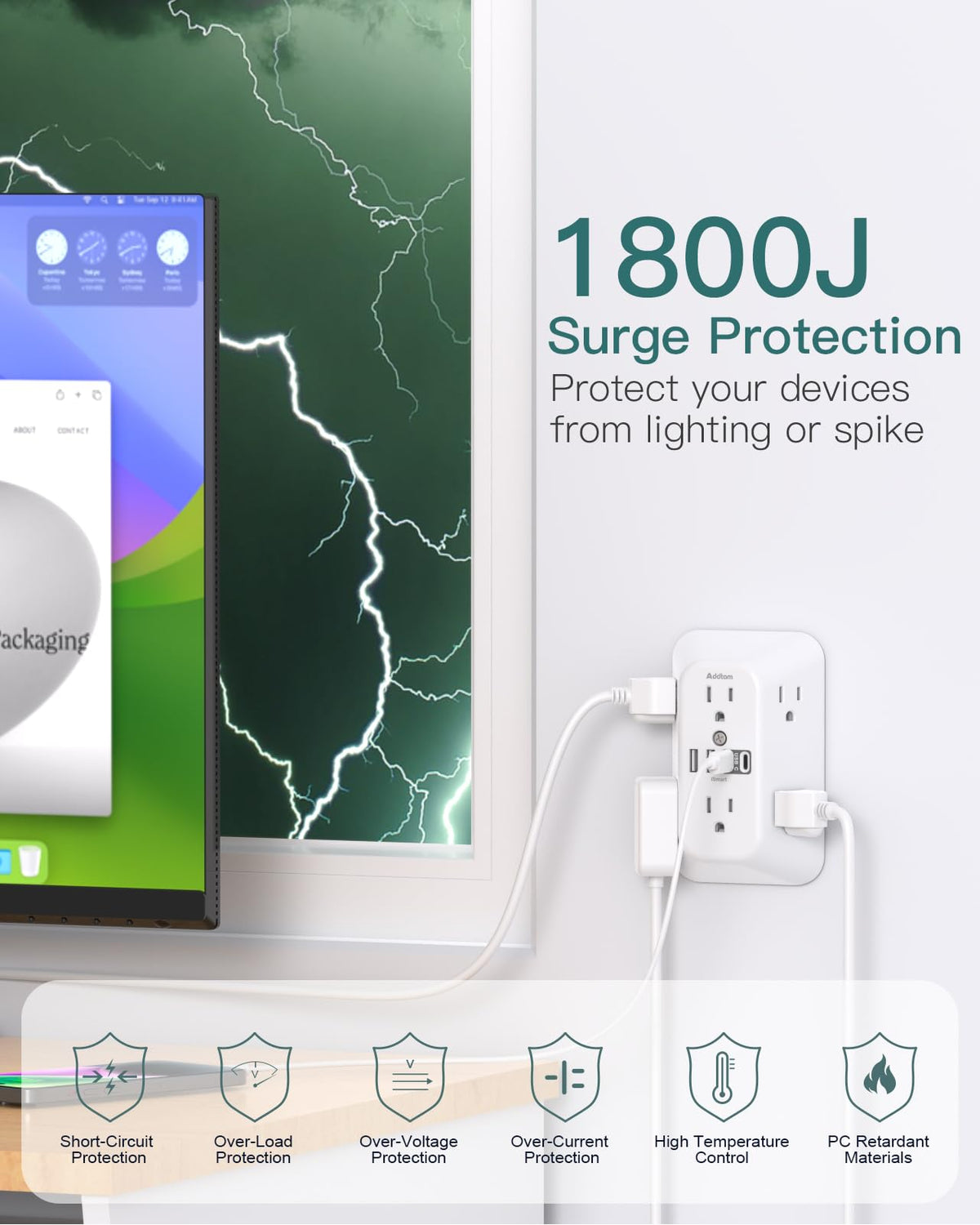 Addtam 1800J surge protection with tri-level circuit safeguards electronics