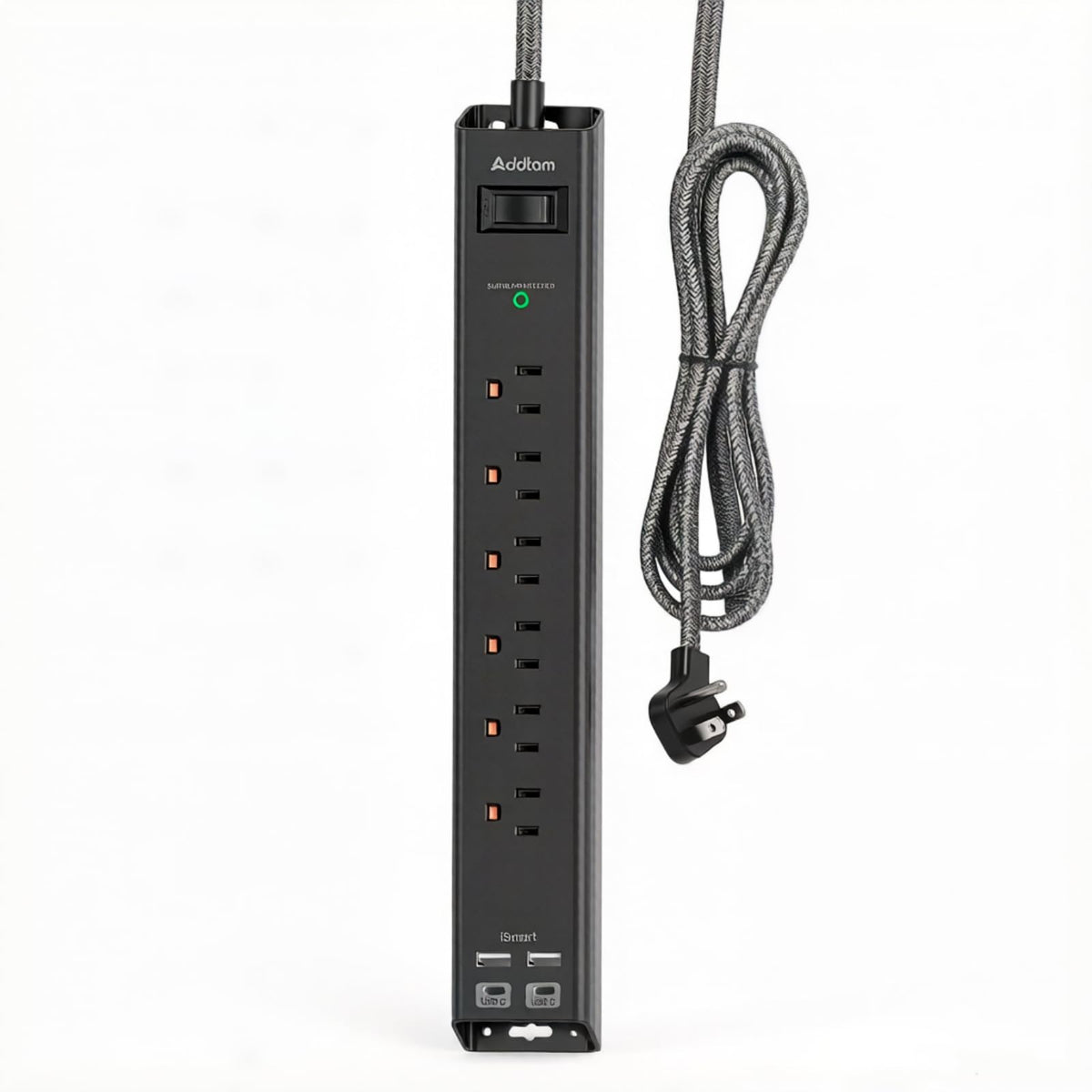Addtam 2 ft power strip front view showing compact desktop charging hub.