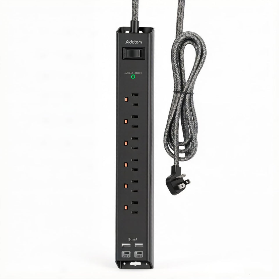 Addtam 2 ft power strip front view showing compact desktop charging hub.