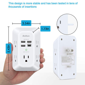 Addtam 5-Outlet Extender fire-resistant casing enhances safety at home or dorm.
