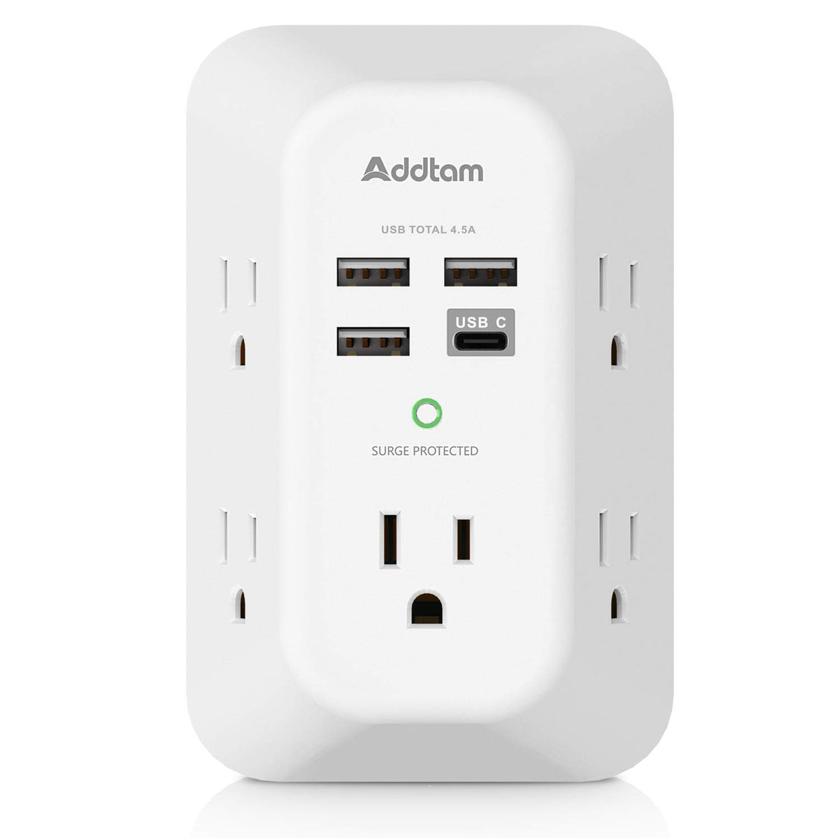 Addtam 5-Outlet Extender front view shows 3-sided design for spacious outlet access.