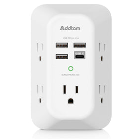 Addtam 5-Outlet Extender front view shows 3-sided design for spacious outlet access.