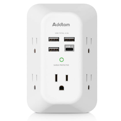 Addtam 5-Outlet Extender front view shows 3-sided design for spacious outlet access.