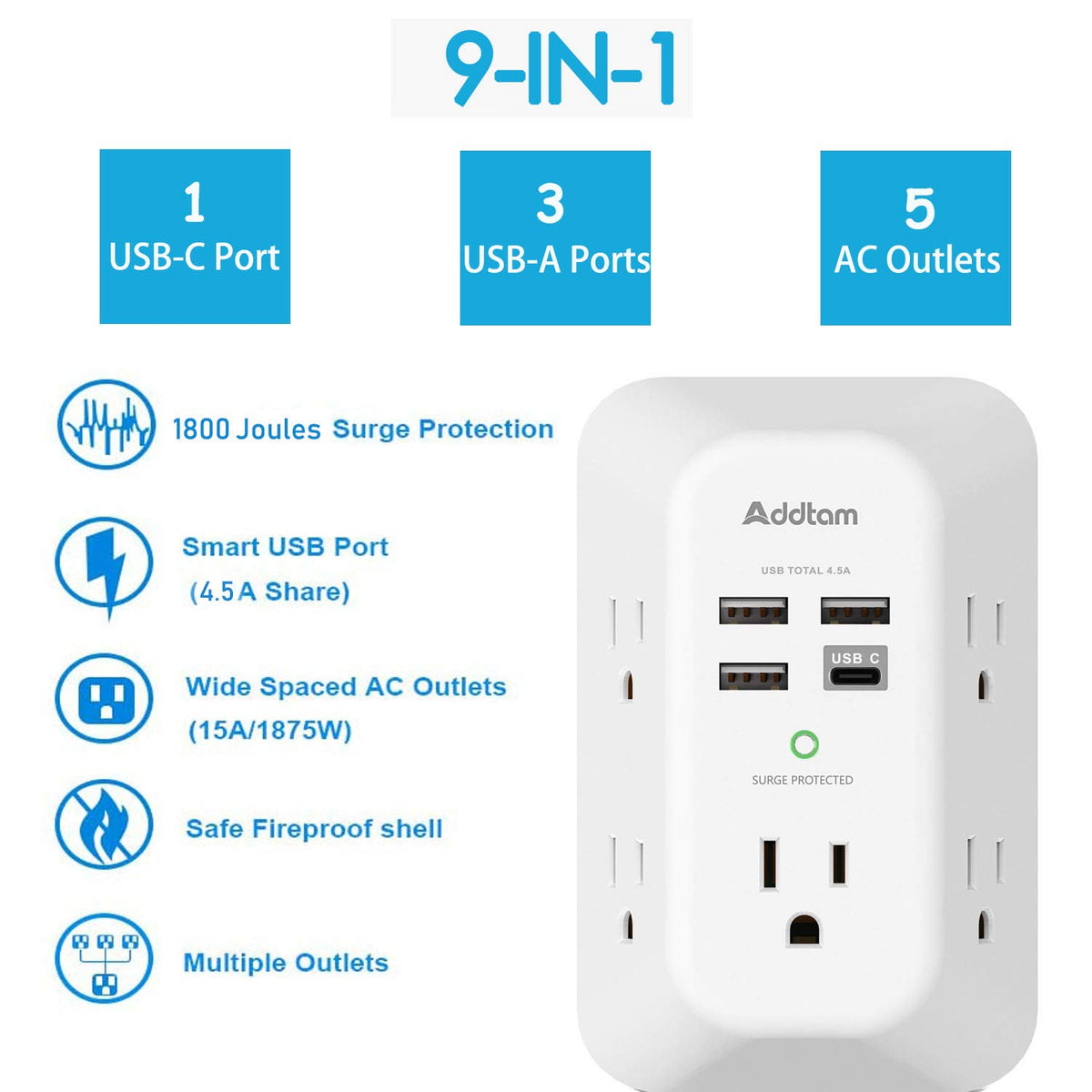 Addtam 5-Outlet Extender side angle highlights compact footprint and easy outlet placement.