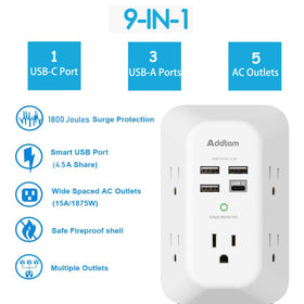 Addtam 5-Outlet Extender side angle highlights compact footprint and easy outlet placement.