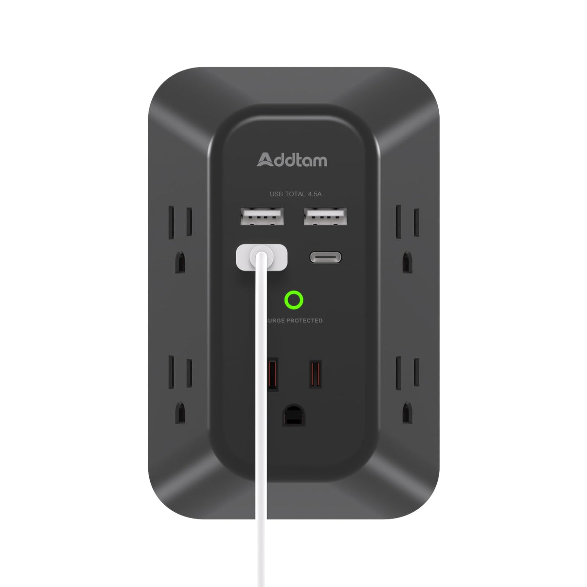 Addtam 5-outlet extender surge protector with wide spacing for bulky plugs