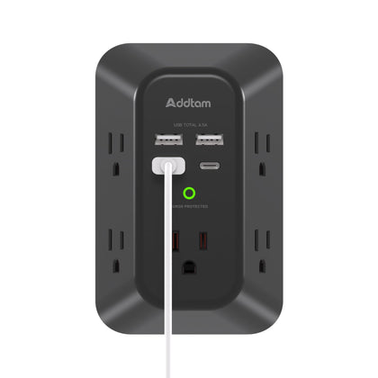 Addtam 5-outlet extender surge protector with wide spacing for bulky plugs