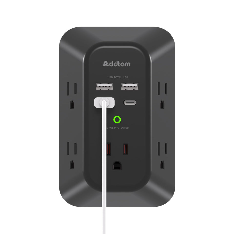Addtam 5-outlet extender surge protector with wide spacing for bulky plugs