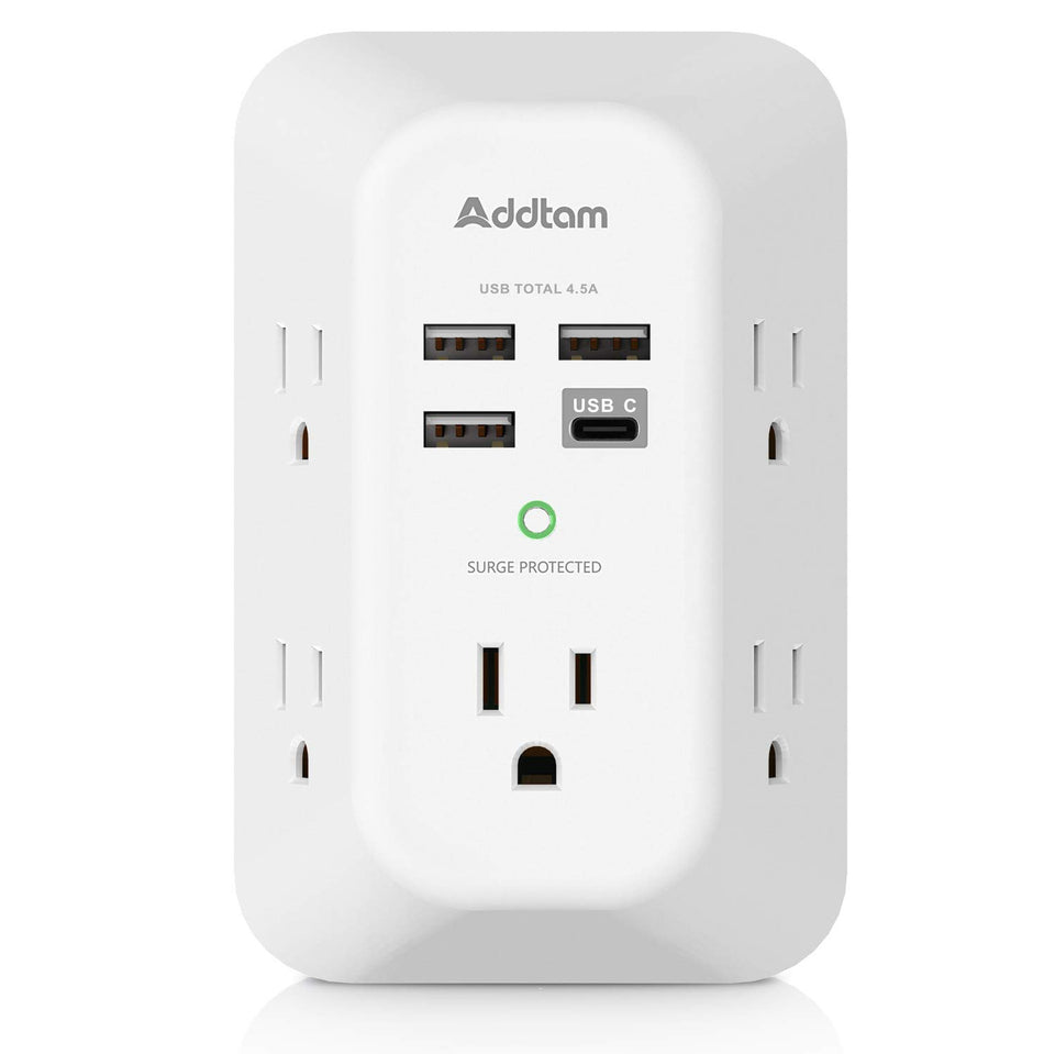 Addtam 5-outlet-extender showing compact surge protector design for home or office setups