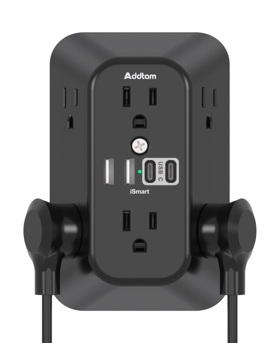 Addtam 6-outlet extender on a desk showing full panel and spacing between outlets