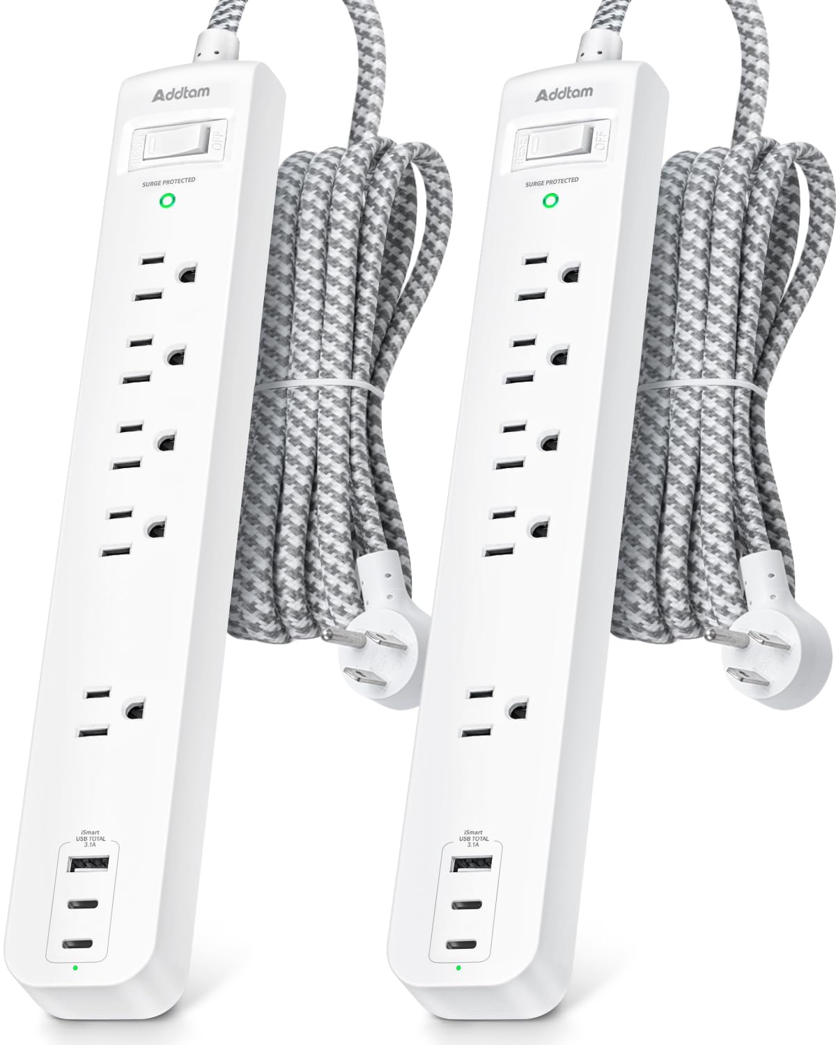 Addtam 6ft power-strip with flat extension view keeps outlets accessible on a desk.