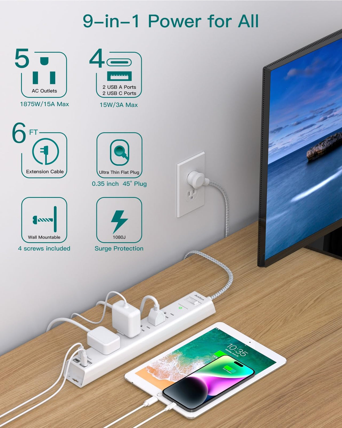 Addtam braided 6ft cord and flat 45° plug, durable cord for flexible placement