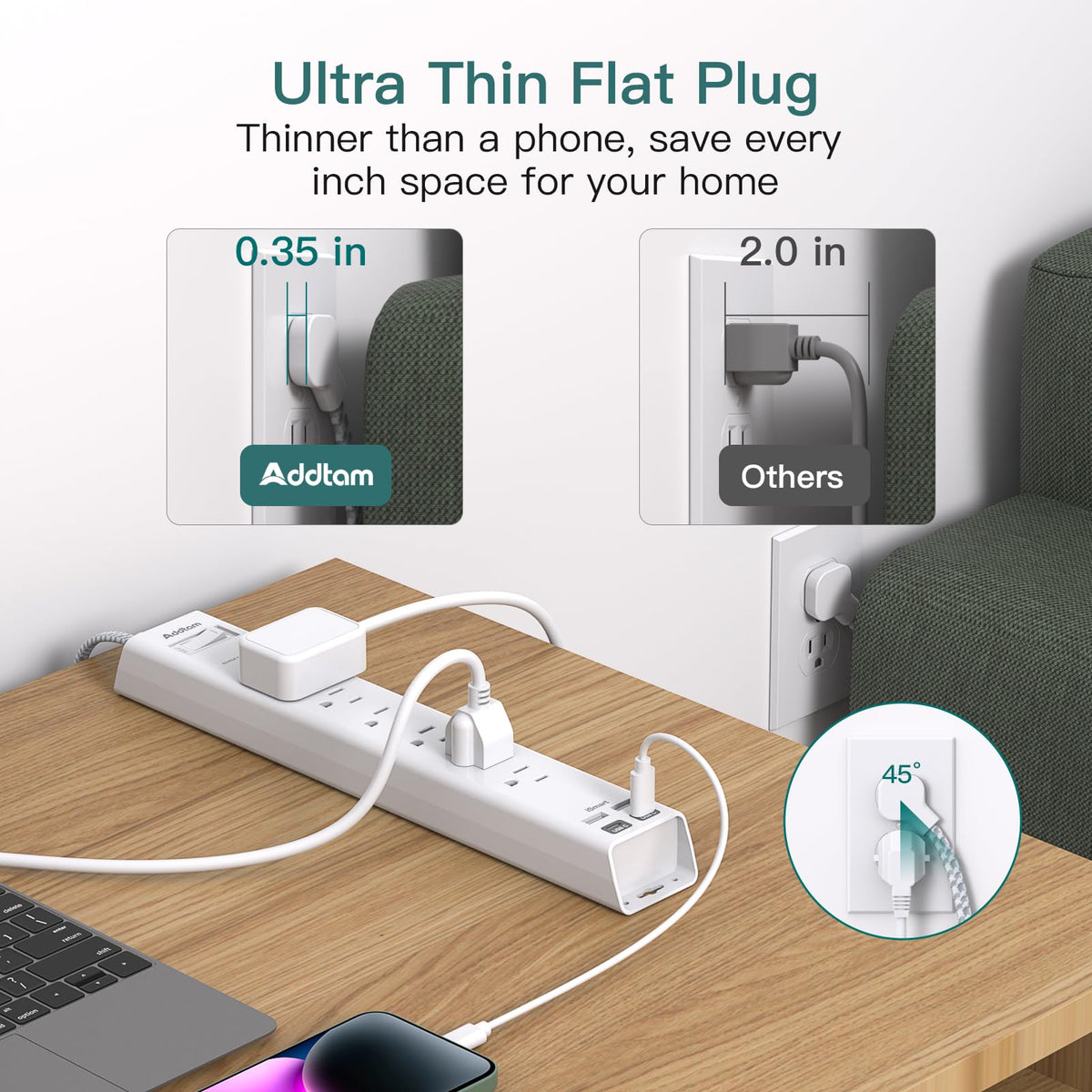 Addtam power strip stretched to show 15ft cord reaching distant outlets