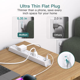 Addtam power strip stretched to show 15ft cord reaching distant outlets