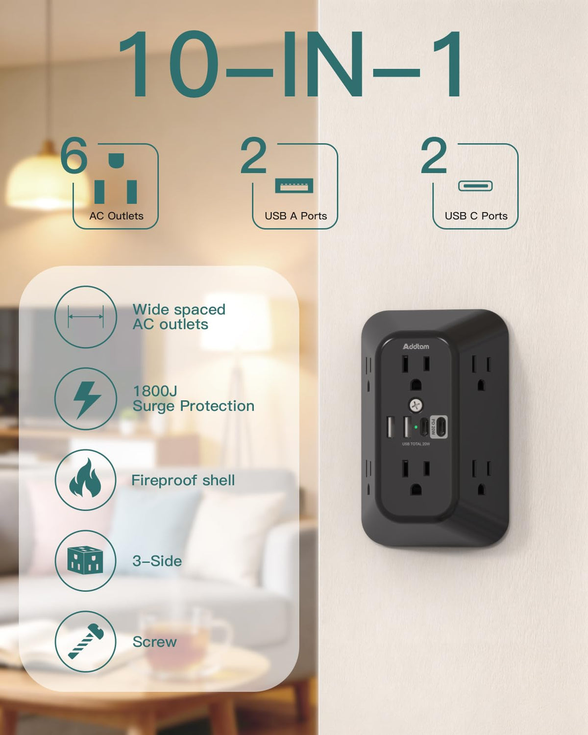 Addtam close-up of USB ports highlighting fast PD and smart charging benefit