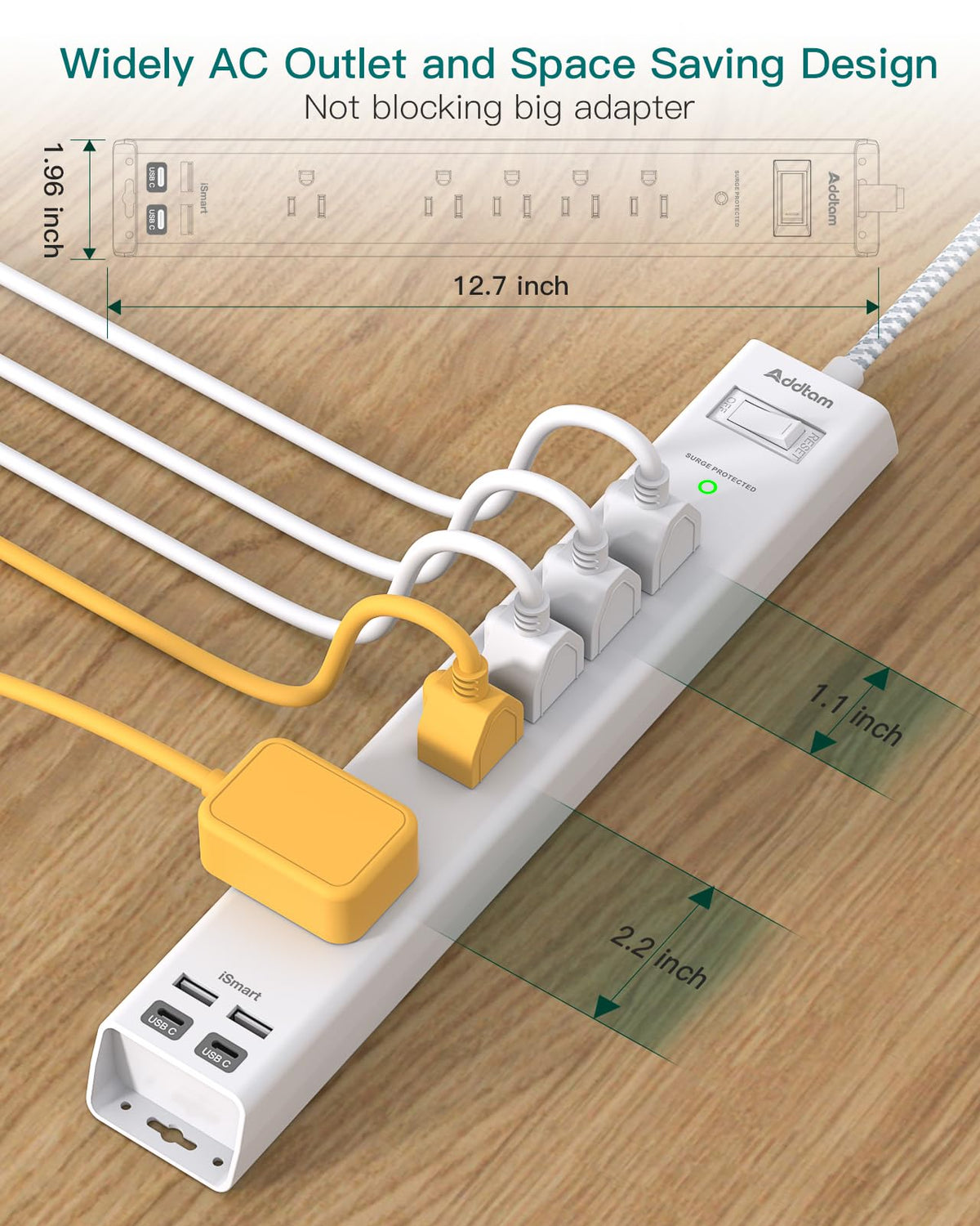 Addtam close-up of widely spaced outlets and USB ports, fits bulky adapters easily