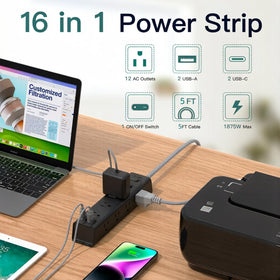 Addtam closeup of wide-spaced outlets demonstrating room for bulky adapters