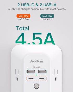 Addtam close-up of USB ports showing USB-C and USB-A for faster device charging