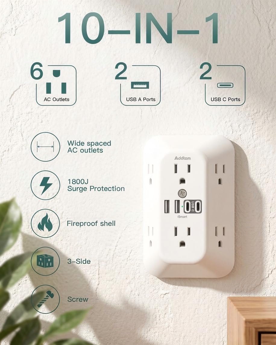 Addtam close-up of two USB-C and two USB-A ports indicating fast smart charging