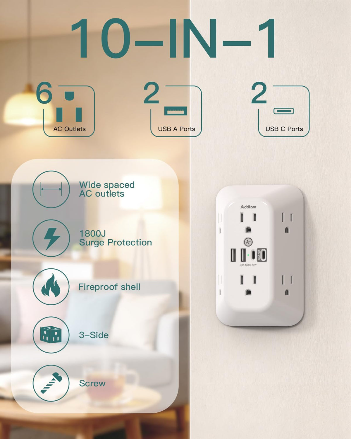 Addtam closeup of USB ports highlighting PD30W fast charging for phones and tablets