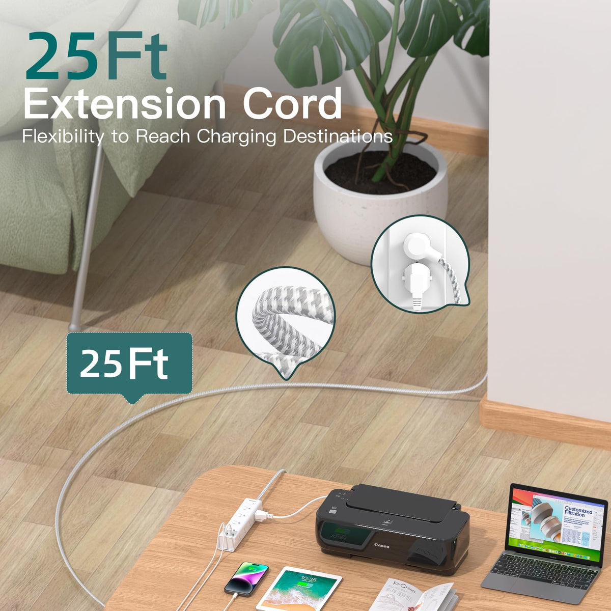 Addtam long 25ft cord laid out across garage for flexible placement and reach