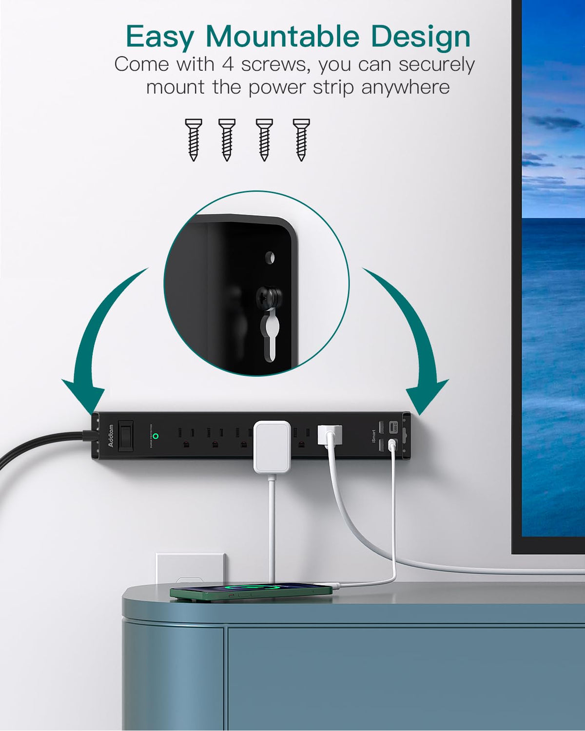Compact Addtam setup enhances desk organization with multiple outlets.