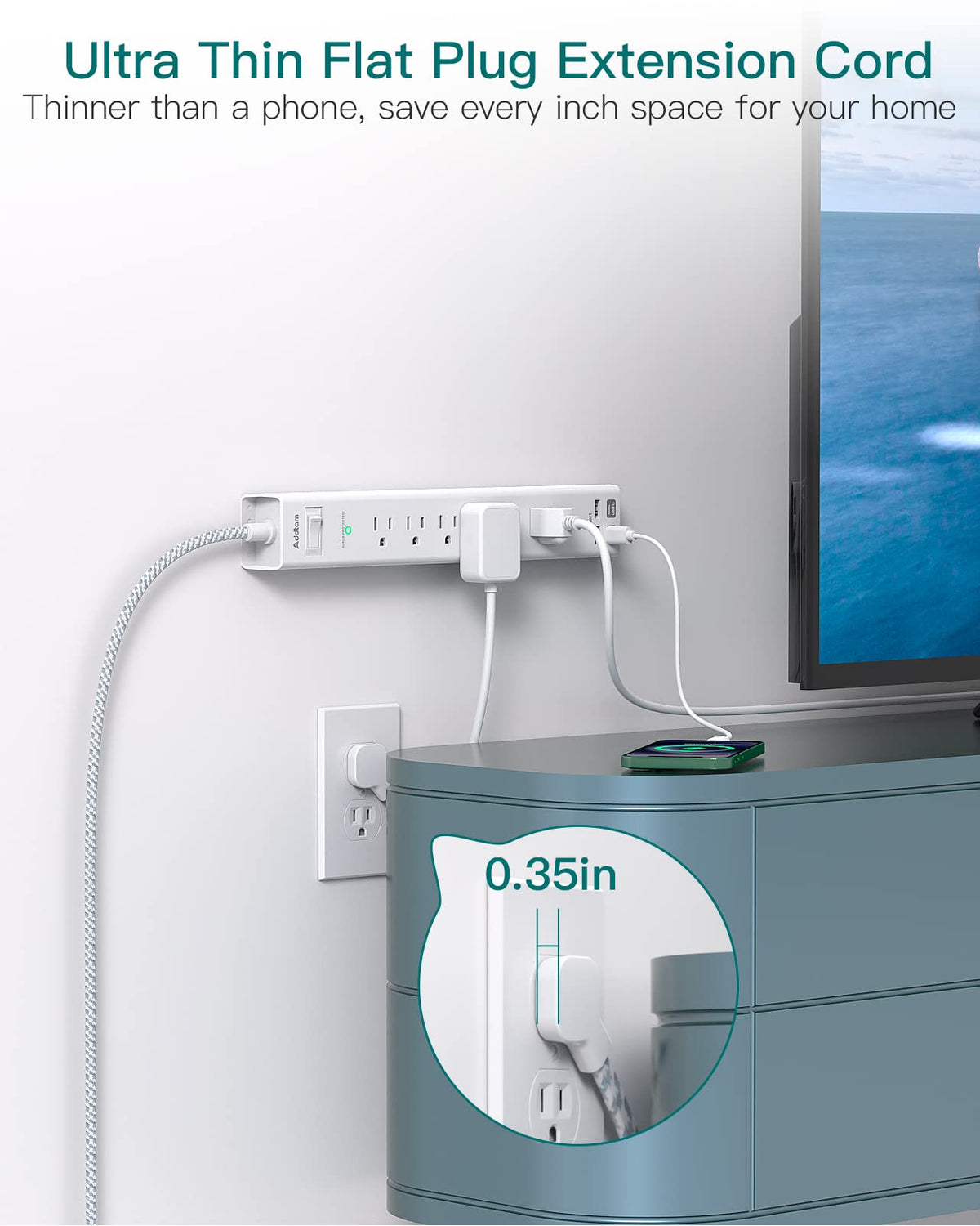 Addtam extension cord surge protection 1080J guards connected gear.