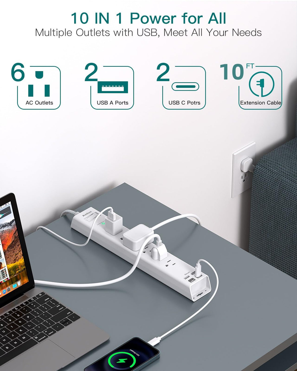 Addtam extension cord USB-C ports enable fast charging for devices.