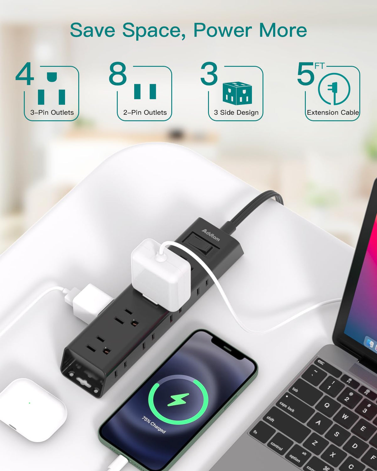 Addtam extension flat plug 5ft copper cord provides reliable reach for distant desks