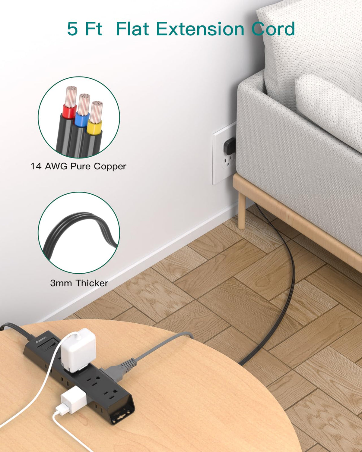 Addtam extension flat plug dorm and office portable design for easy travel