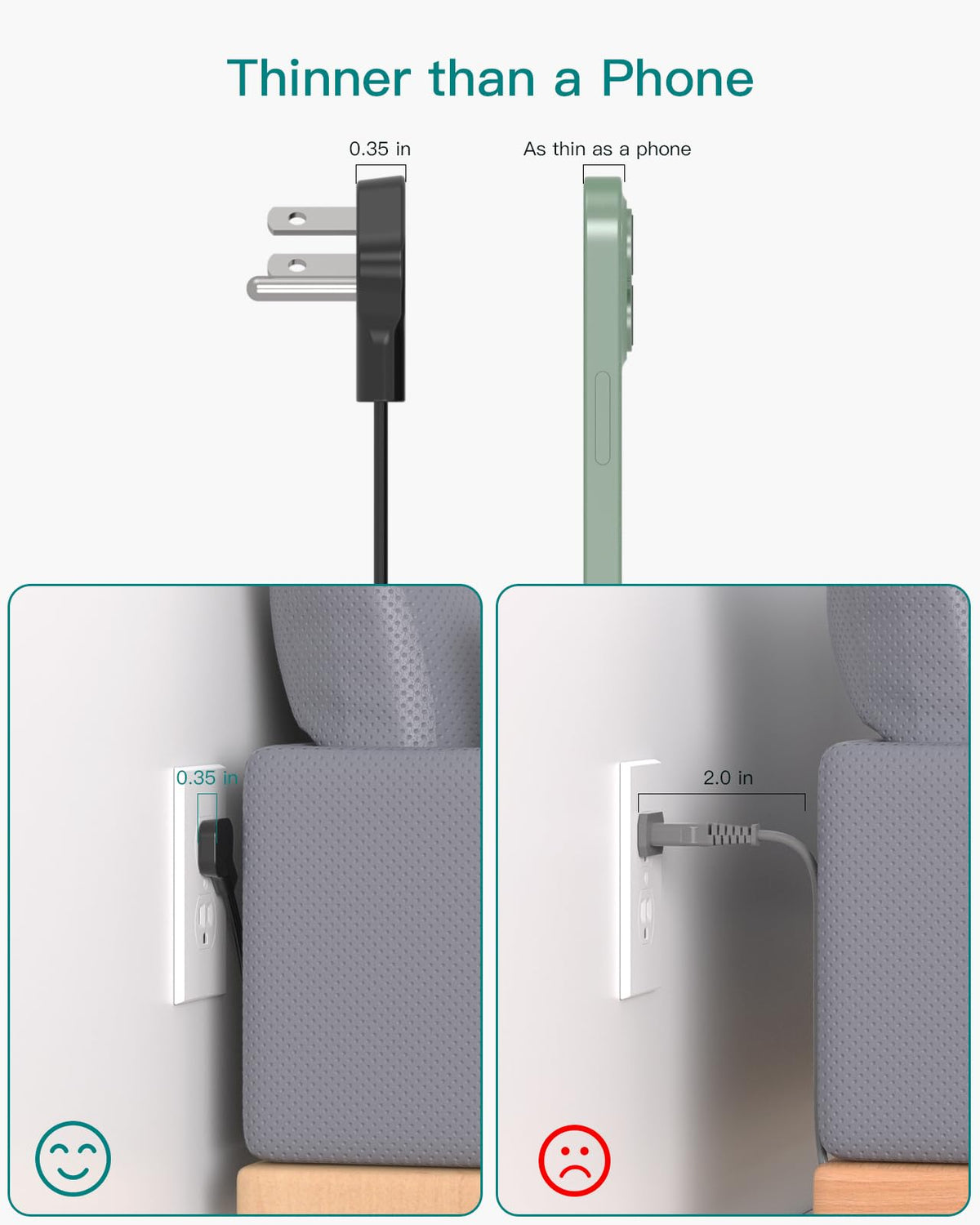 Addtam extension flat plug three-side design fits large adapters without crowding