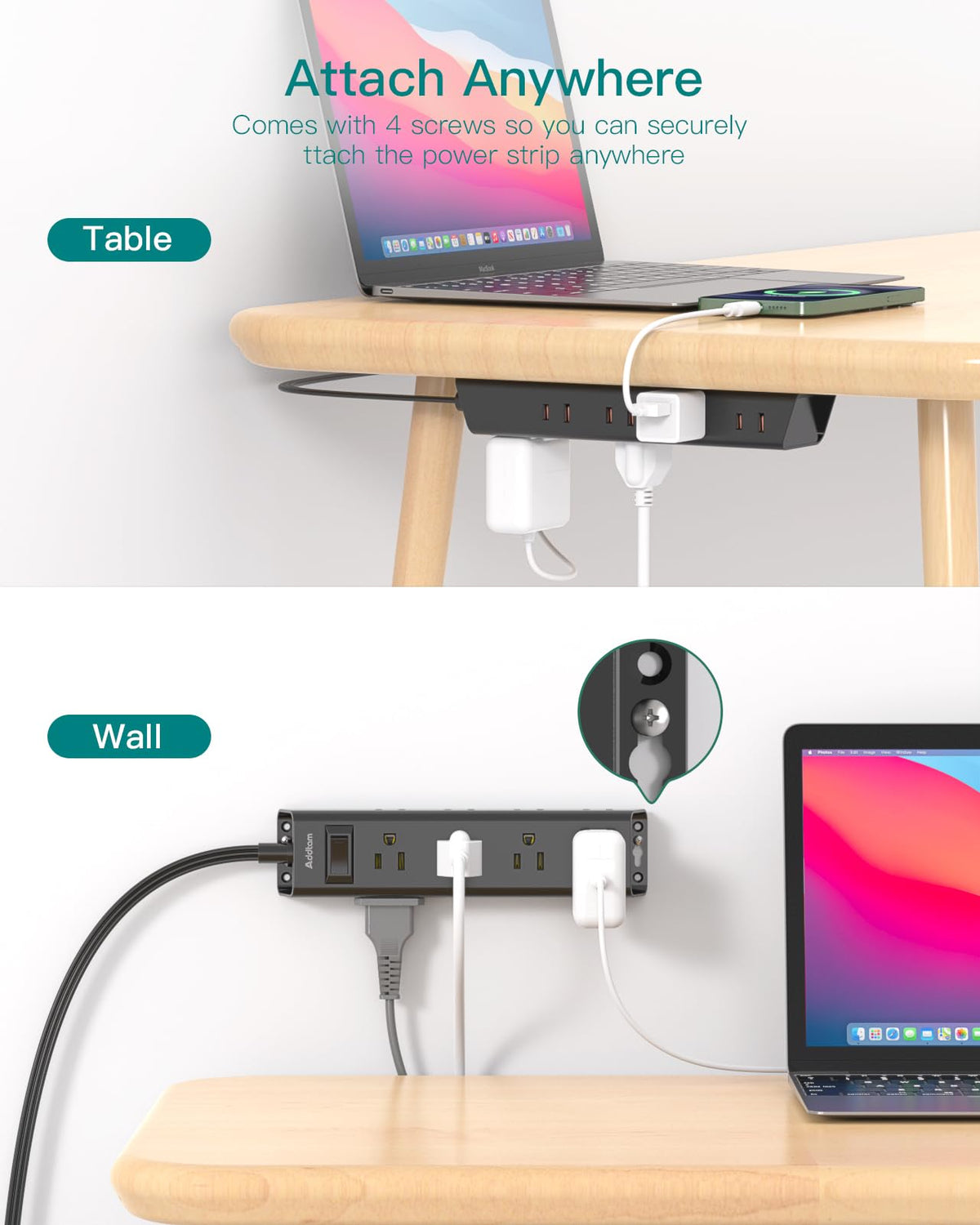 Addtam extension flat plug wall-desk-mount enables secure mounting on walls or desks