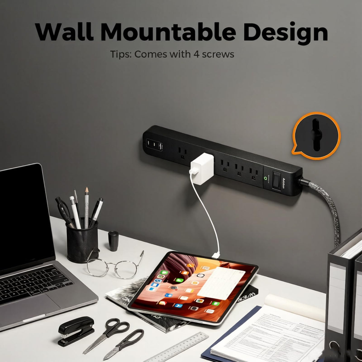 Addtam 45° flat plug angled into wall saving space behind furniture benefit