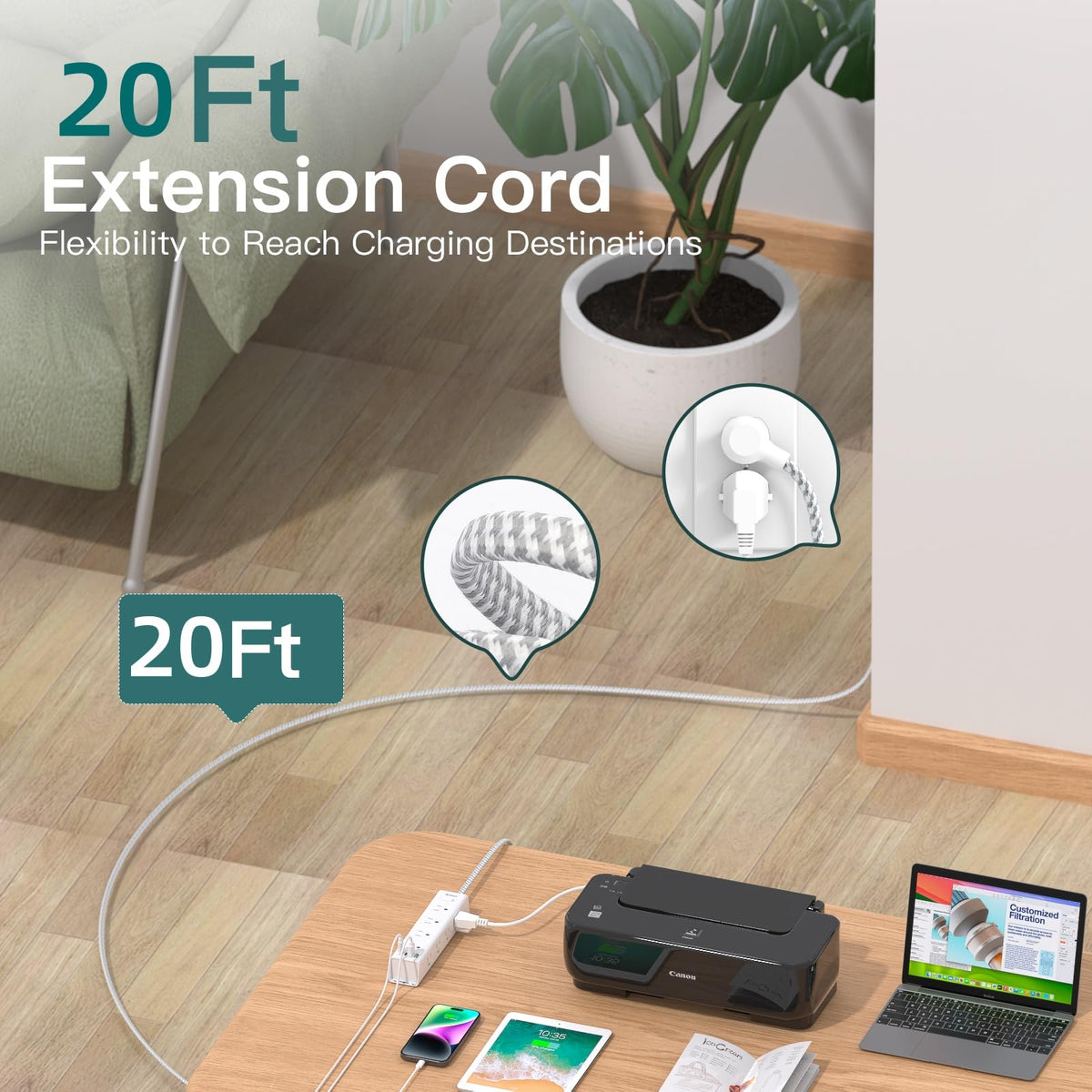 Addtam flat plug tucked behind furniture for low-profile space-saving