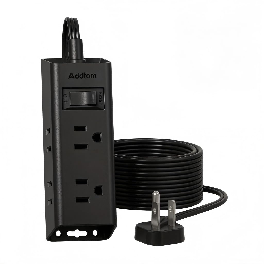 Addtam flat plug front view showing six outlets and compact design for neat setup