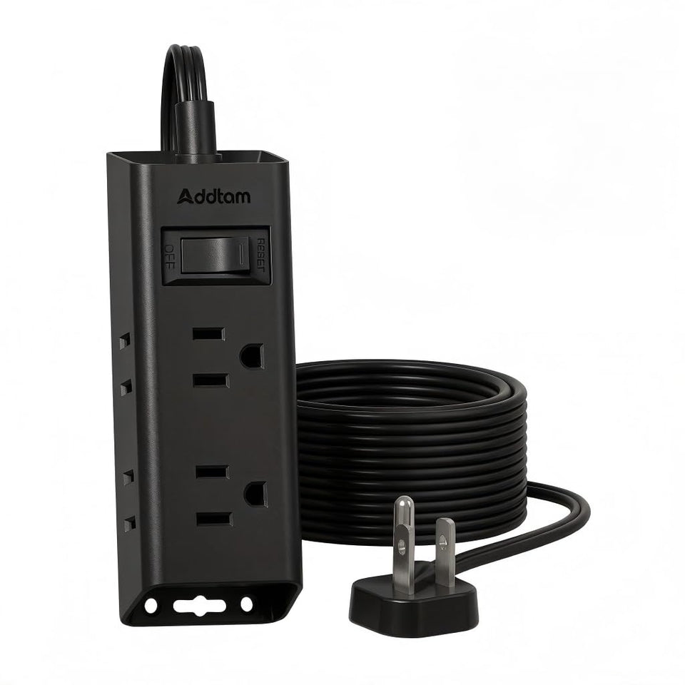 Addtam flat plug front view showing six outlets and compact design for neat setup