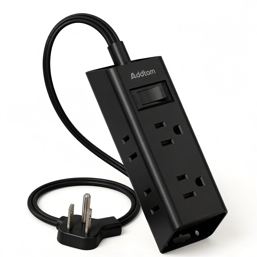 Addtam flat plug power strip with six outlets for travel, dorm, and desk setup.
