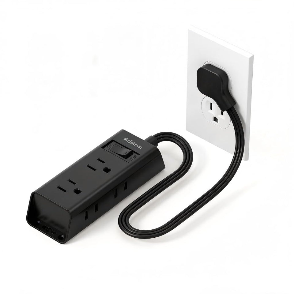Addtam flat plug power strip with 6 outlets and ultra-flat cord, ideal for travel and dorms.