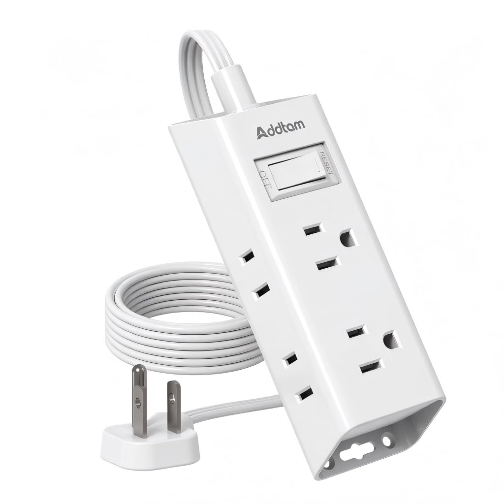 Addtam flat plug power strip with six outlets keeps dorm spaces organized.