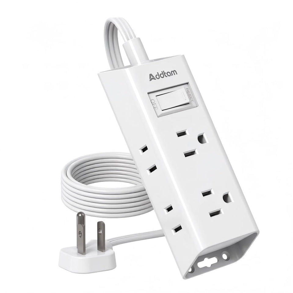 Addtam flat plug power strip with six outlets keeps dorm spaces organized.