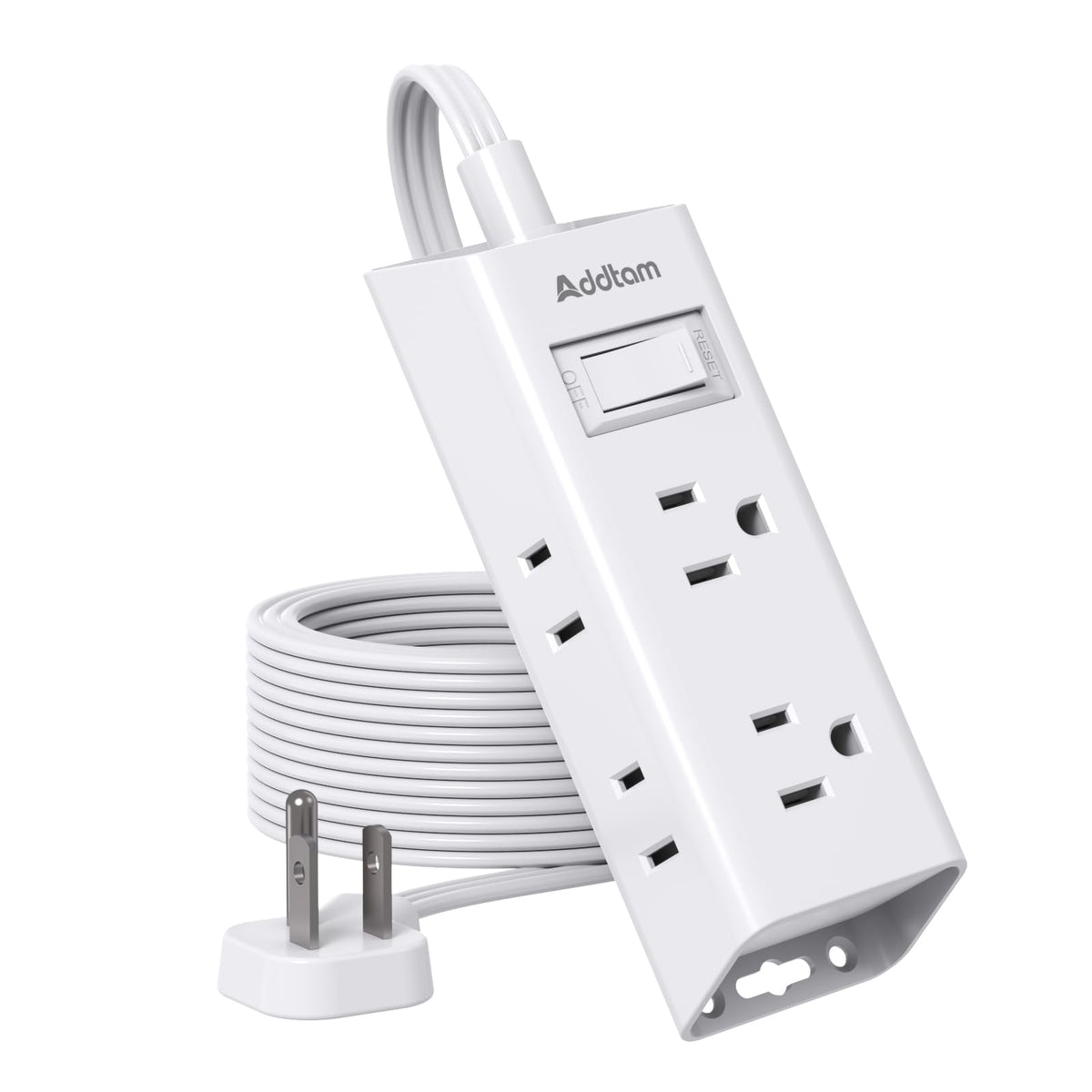 Addtam flat plug power strip with 6 outlets, ideal for dorm desks.