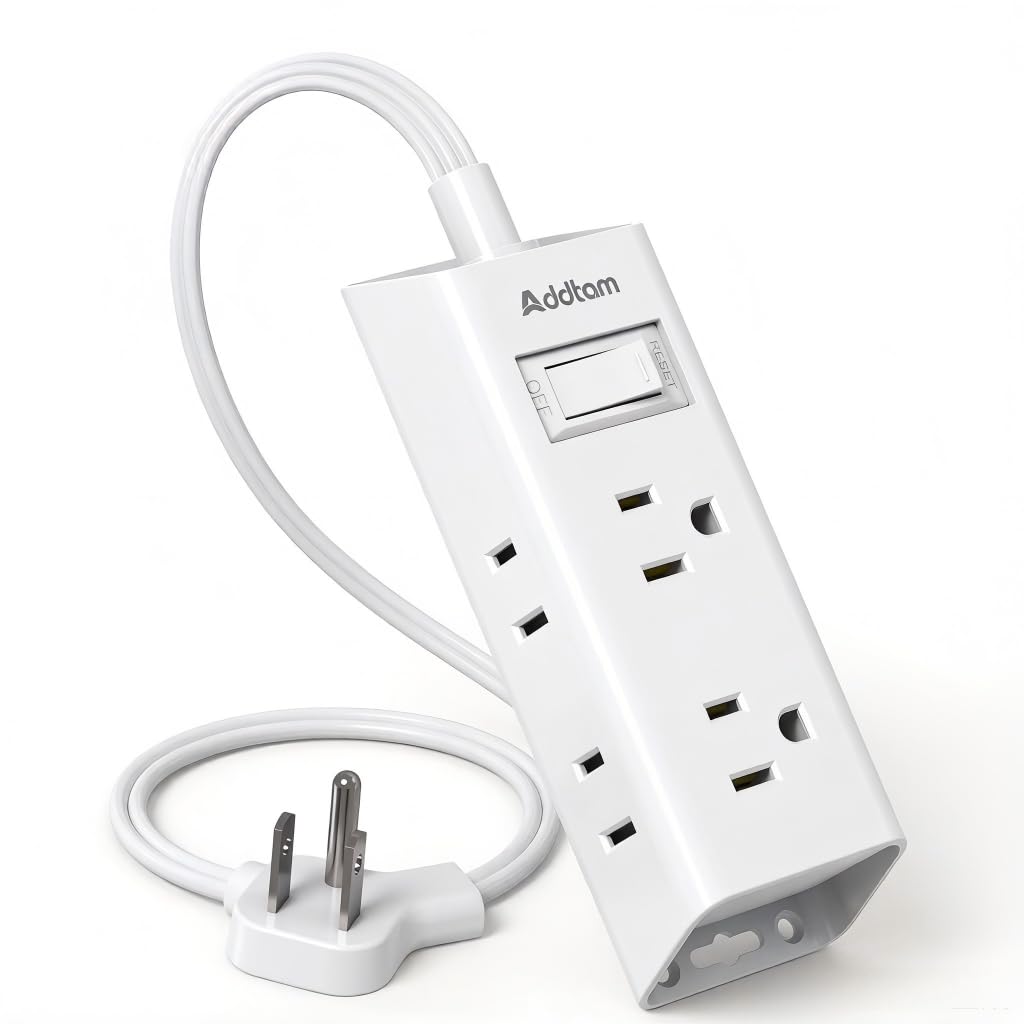 Addtam flat-plug power strip with six outlets for organized dorm and desk setups.