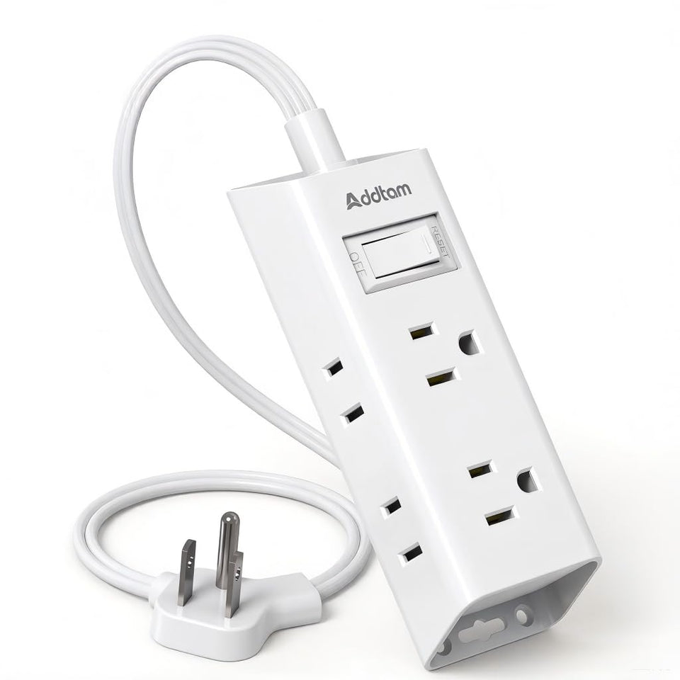 Addtam flat-plug power strip with six outlets for organized dorm and desk setups.