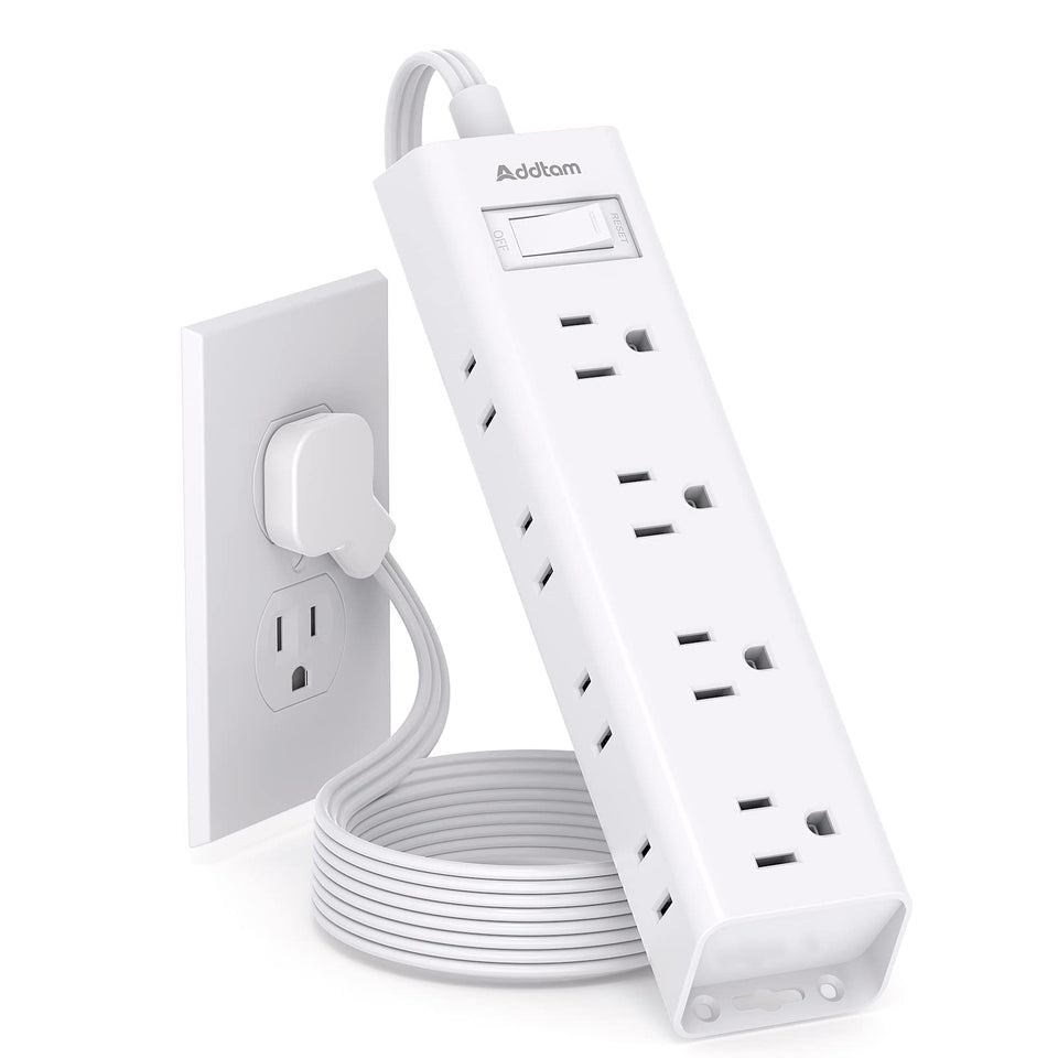 Addtam Flat Plug Power Strip front view highlighting ultra-slim design saving wall space