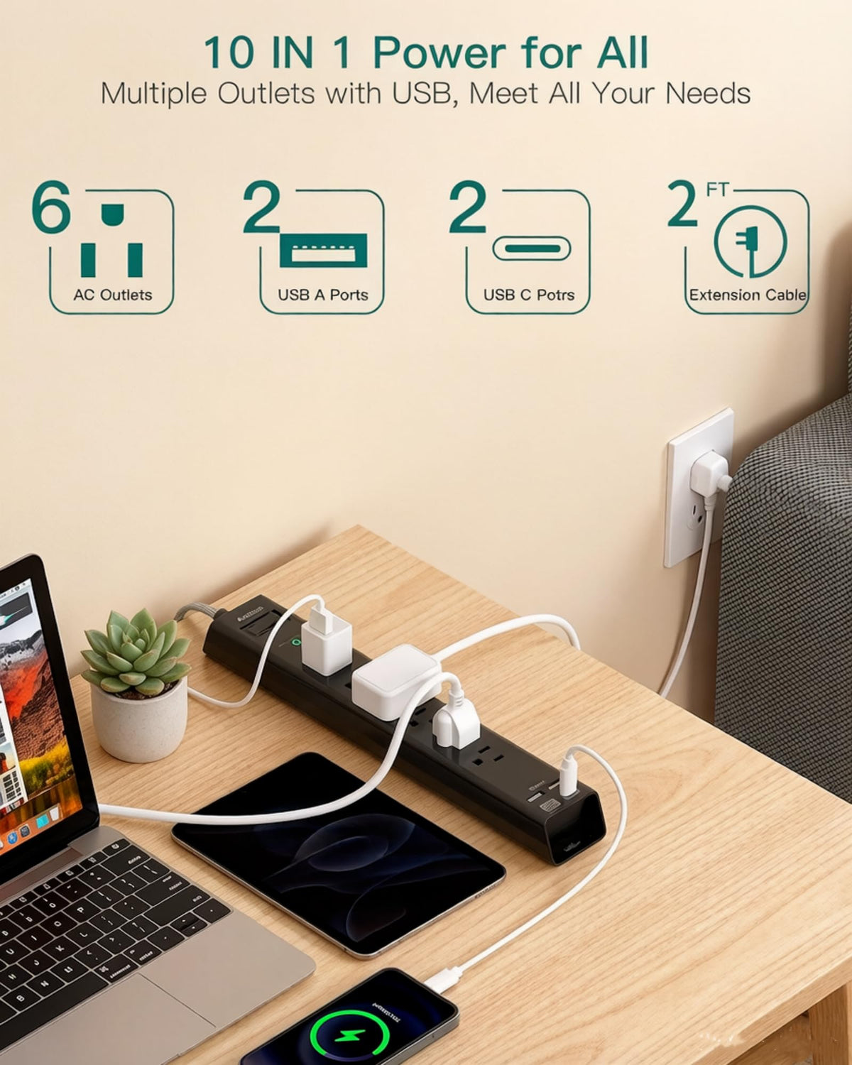 Addtam flat plug right angle design saves space behind furniture.