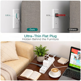 Flat plug design fits behind furniture to save space and reduce clutter.